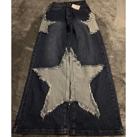 Hot Topic Denim - SIZE 3 Hot Topic Star Patchwork Wide Leg Jeans Blue Denim Star Appliqué Womens